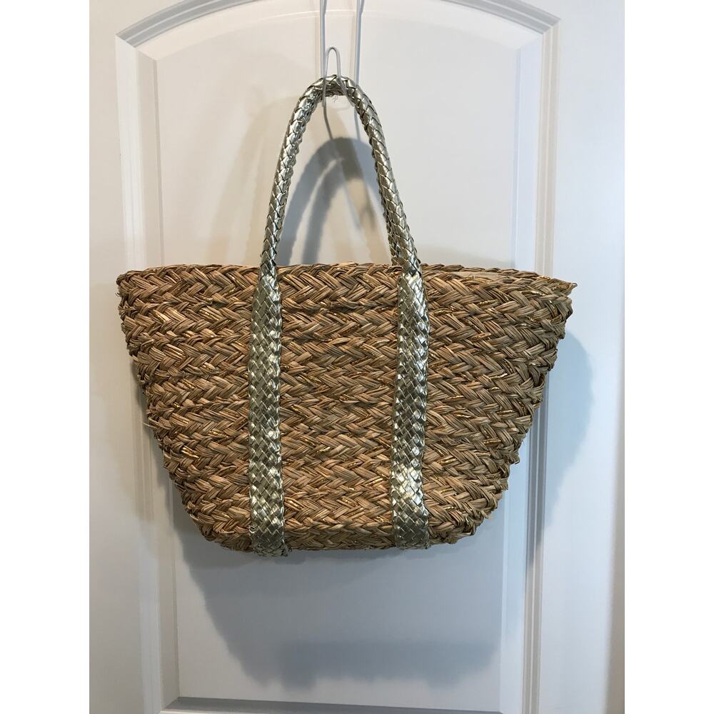 Straw Tote with Silver Braided Double Handle Totei - Picture 2 of 5